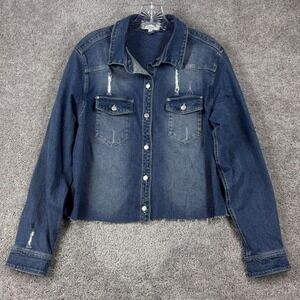 Love Tree Denim Womens Blue Distressed Graphic Jean Jacket Rooted in Love Large